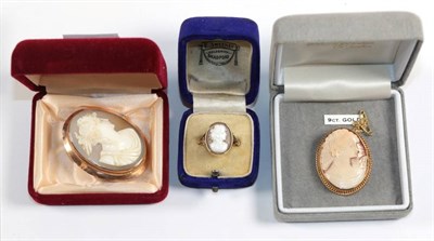 Lot 348 - A 9 carat gold cameo brooch, measures 3.5cm by 2.7cm; another cameo brooch stamped '9CT'; and a...