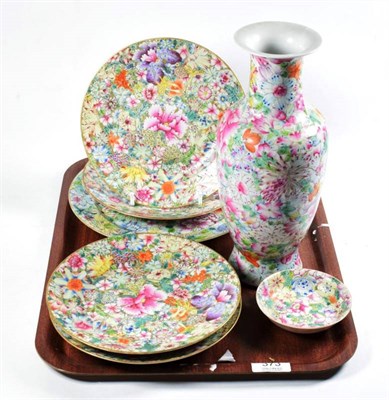 Lot 373 - Six Chinese porcelain mille fleurs polychrome plates and dishes, decorated with blossoms...