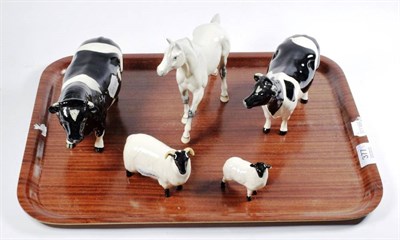 Lot 377 - Four Beswick animals: Fresian Bull, Fresian Cow, Sheep and Lamb (with boxes); and a Royal...