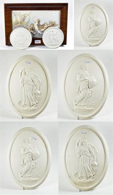 Lot 382 - A set of six modern plaster plaques depicting classical maidens, together with a further pair...