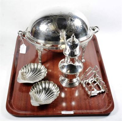 Lot 383 - A large silver caster, Atkin Brothers, Sheffield 1929; a toast rack, James Dixon & Sons; and a pair