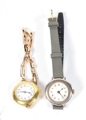 Lot 404 - A lady's 18ct gold wristwatch with enamel dial and a lady's silver wristwatch with enamel dial