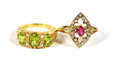 Lot 408 - A 9 carat gold peridot and seed pearl ring, finger size Q; and another ring stamped '15CT',...