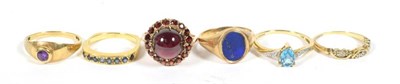 Lot 409 - Four 9 carat gold gemset rings, finger sizes L, N, N1/2 and Q; a gemset ring stamped '9C',...