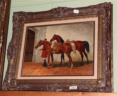 Lot 1003 - Kiss Csaba (b.1945), Horses and groom in an interior, signed oil on panel, 29.5cm by 39.5cm