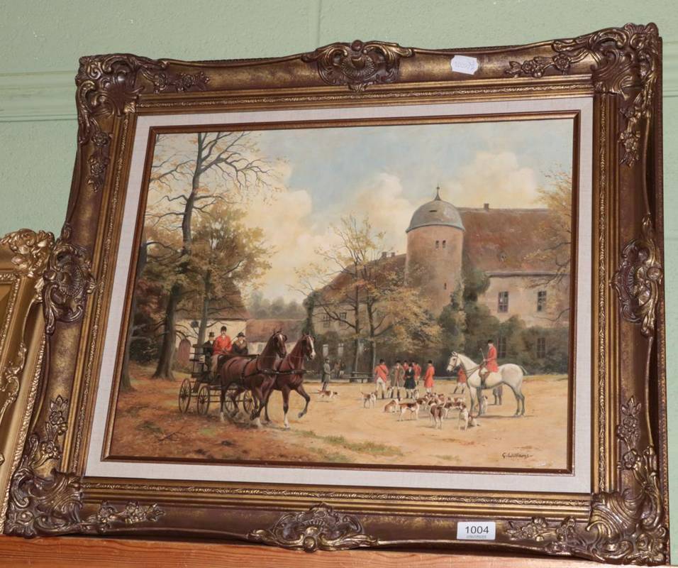 Lot 1004 - Glyn Williams (b.1944), French hunt meet, signed oil on board, 39.5cm by 50cm