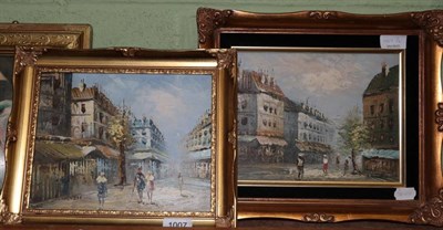 Lot 1007 - J Burnett, Continental street scene, oil on canvas; together with another similar (2)