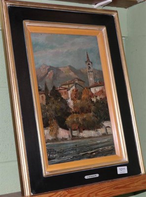 Lot 1011 - Arturo Bonanomi (20th century) Italian, Autumnal village on Lake Garda, signed, oil on board