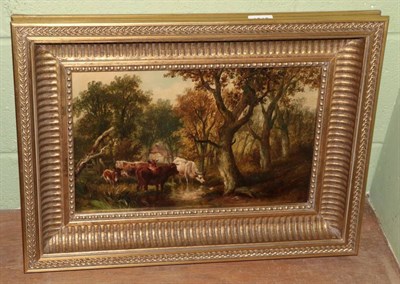 Lot 1012 - After George Vincent (1796-1835), Cows watering, bears signature, oil on canvas, 25cm by 39.5cm