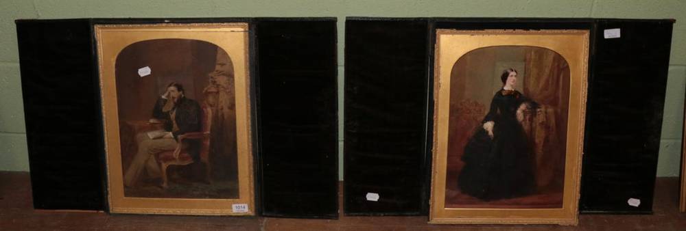 Lot 1014 - Two Victorian portraits on laid paper, both contained within worked wooden folios (2)