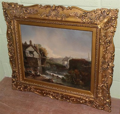 Lot 1016 - British School (19th century) Village scene with figures before a waterfall, oil on canvas, 35cm by