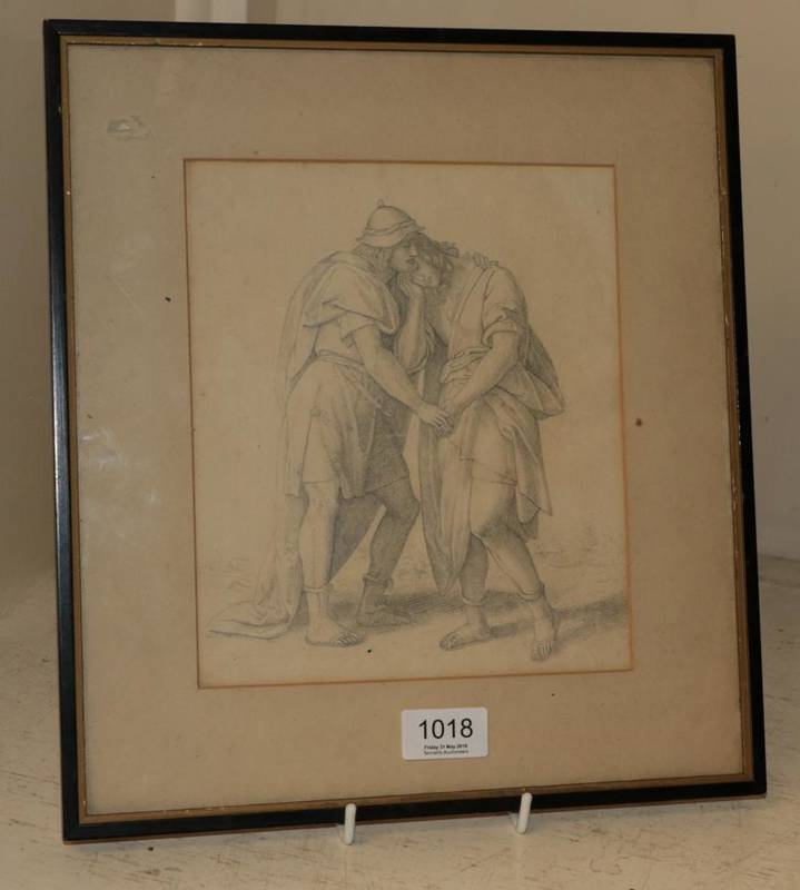 Lot 1018 - Nazarene School (19th century), Two figures embracing, pencil 22.5cm by 19.5cm