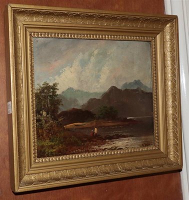Lot 1019 - W Hale ? (19th century) Two figures in a lakeland landscape, signed oil on canvas, 23cm by 27.5cm