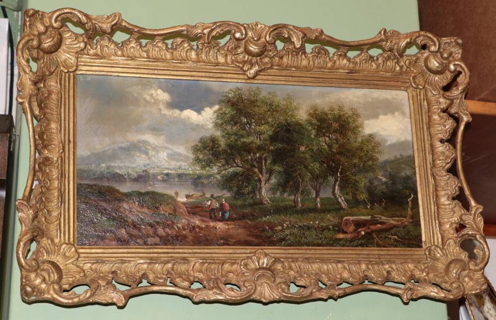 Lot 1021 - Adam Barland (19th century) Landscape with figures before river, signed oil on canvas, 19cm by...