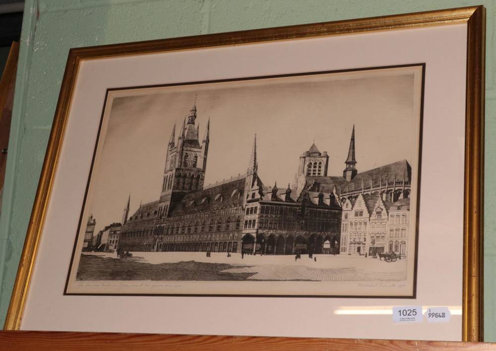 Lot 1025 - After Marcel Schuette (20th century), The French Hall, Ypres, engraving, signed and dated 1935...