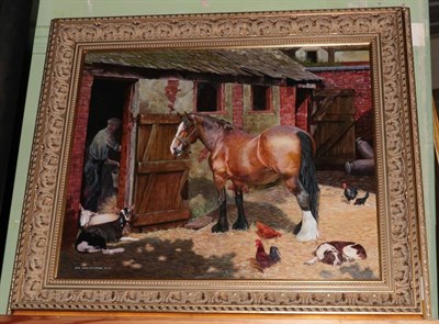 Lot 1026 - John Lewis Fitzgerald (20th century), Farmyard scene with goats chicken and dog, signed oil on...