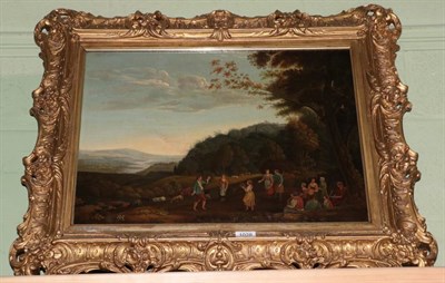 Lot 1028 - Manner of John Glover, Pastoral landscape with dancing figures, oil on canvas, 42cm by 57cm