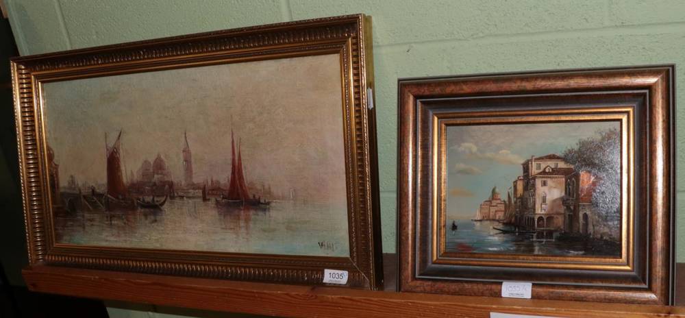 Lot 1035 - W. Bale (20th century) Venetian veduta with ships, signed, oil on canvas; together with Bela...