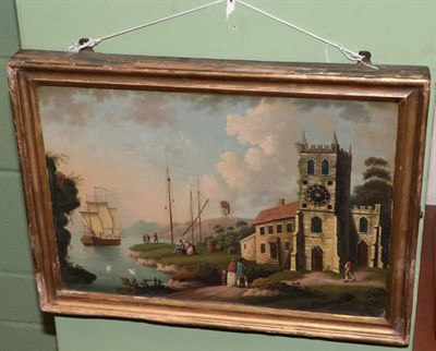 Lot 1046 - A 19th century clock picture, scene depicting figures alongside a seascape with galleon,...