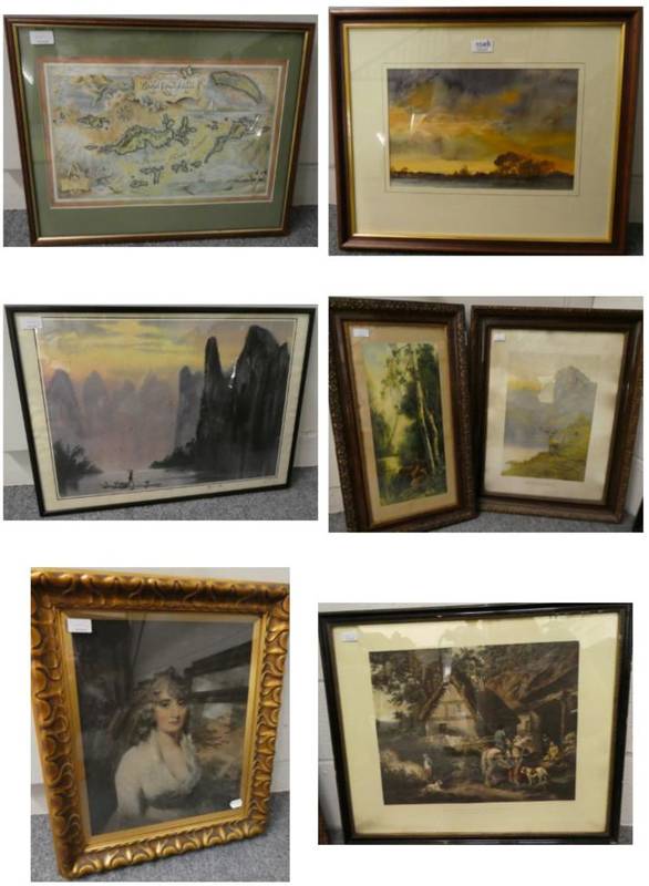 Lot 1049 - Six prints together with a watercolour signed George Skelton