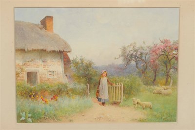 Lot 772 - Benjamin D. Sigmund (fl.1880-1904) Girl beside a Cottage Gate, lambs in an orchard Signed,...