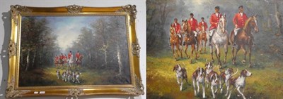 Lot 1059 - British school (20th century) Fox hunting scene in woodland, indistinctly signed, oil on...
