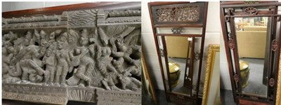 Lot 1067 - Two Chinese style mirrors, with pierced borders; and a carved wooden figural frieze (3)