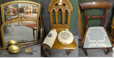 Lot 1104 - Two gilt framed overmantel mirrors; a hall chair; a dining chair; a bed pan and pottery slipper...