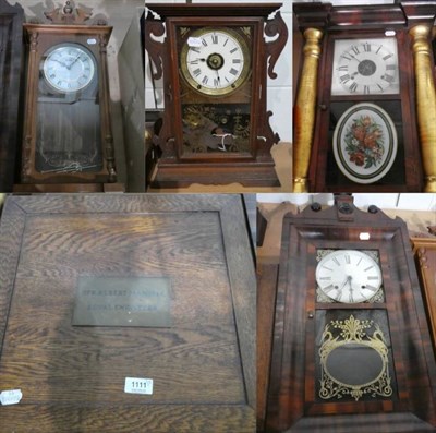 Lot 1111 - Two American shelf clocks, a Seth Thomas Clock Company striking mantel clock, a modern quartz...