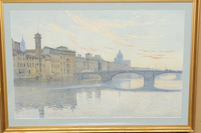 Lot 780 - Wilfred H. Thompson (fl.1884-1894) On the River Arno, Florence Signed, pencil and watercolour,...