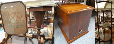 Lot 1140 - A decanter box; a folding fire screen; a 19th century mahogany work table; and a folding cake stand