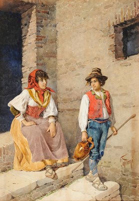 Lot 782 - Filippo Indoni (1800-1884) Italian Italian Girl seated upon Steps, a boy holding a drinking...