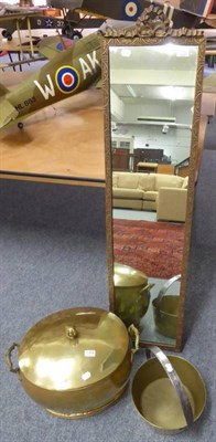 Lot 1169 - A gilt mirror; a brass jam pan; and an oval log bin with lid