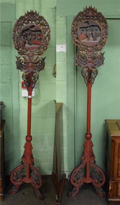 Lot 1180 - Two Chinese painted wooden wedding candlestands