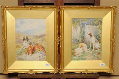 Lot 786 - Basil Bradley RWS (1842-1904) Sporting Dogs on a Moor; Hound and Setter beside a Gate Both...