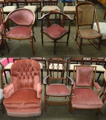 Lot 1224 - Three inlaid armchairs; a Victorian rosewood inlaid nursing chair; a pink upholstered button...