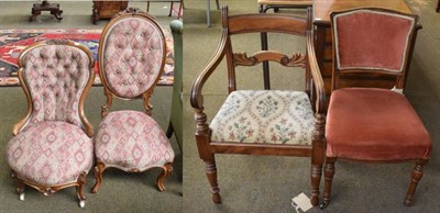 Lot 1232 - Two Victorian walnut nursing chairs; an elbow chair and a single chair (4)