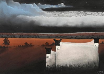 Lot 790 - Mackenzie Thorpe (b.1956) Sheep under a Moonlit Sky with a Landscape Beyond Signed with the...