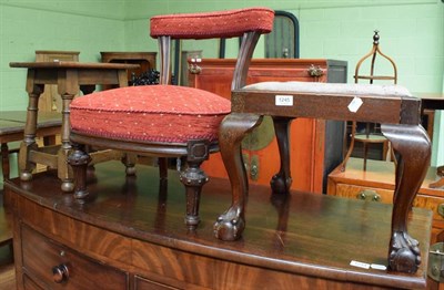 Lot 1245 - A Victorian rosewood bedroom chair; a mahogany stool on claw and ball feet; and an oak stool (3)