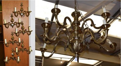 Lot 1274 - A brass chandelier and six double brass lights