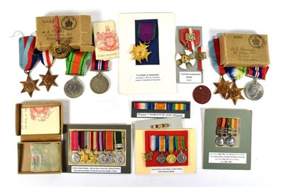 Lot 3 - Three Miniature Medal Groups:- 1914-15 Star, BWM, Victory Medal and Defence Medal; BEM, 1939-45...