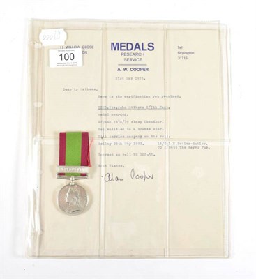 Lot 100 - An Afghanistan Medal, 1881, with clasp KANDAHAR, awarded to 1223, PTE.J.MATHEWS, 2/7TH FOOT,...