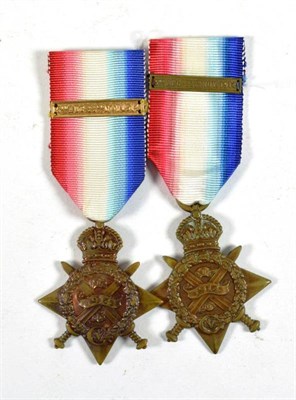 Lot 101 - Two First World War 1914 'Mons' Stars, each with clasp 5TH AUG.- 22ND NOV.1914, awarded to 9657...
