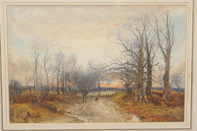 Lot 805 - William Manners RBA (c.1865-c.1940) Drover and Shepherd with Sheep on a Country Lane at Sunset...