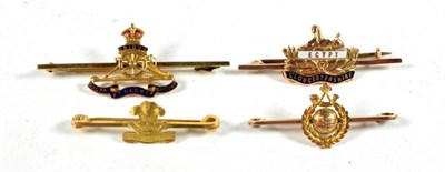 Lot 143 - A 15 Carat Gold Sweetheart Brooch, to the Welsh Regiment; three 9 Carat Gold Sweetheart...