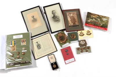 Lot 155 - The Durham Light Infantry:- a Victory Medal, pair of miniatures, a whistle, buttons,...