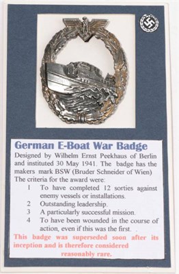 Lot 210 - A German E-Boat War Badge, First Type, the oak leaf  border bearing traces of gilding, the flat...