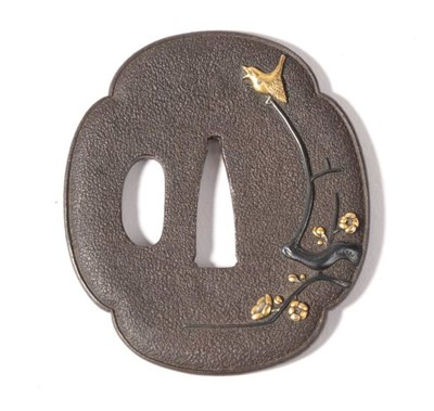 Lot 227 - A Japanese Meiji Period Iron Tsuba, of Mokko form, with stippled ground, one side with gold and...