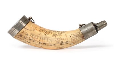 Lot 342 - An Early 19th Century Scrimshaw Powder Horn, worked with sailing ships, a steam train with...