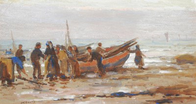 Lot 834 - James William Booth RCamA (1867-1953) Figures unloading Fishing Boats at Low Tide Signed,...